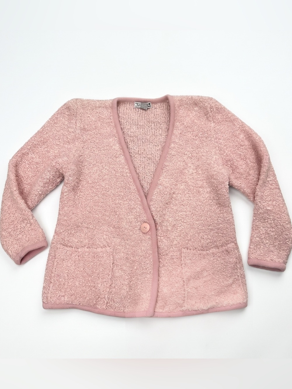 Vintage 80s Adele Joyce Pink Boucle Cardigan Women’s M Chunky Wool Blend Sweater